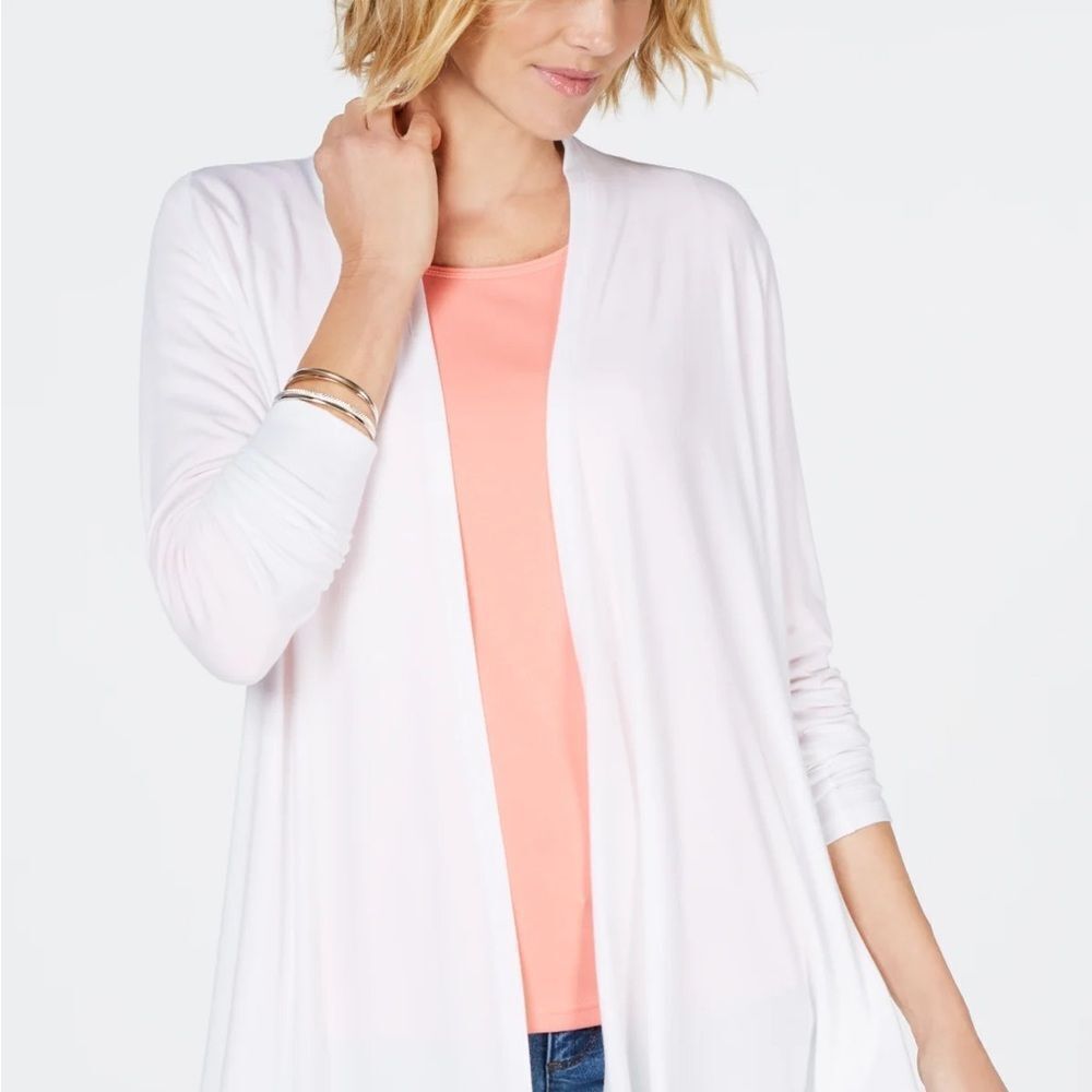 Karen Scott Elegant Long Lightweight White Open Front Cardigan (Size: XL) - Picture 3 of 13